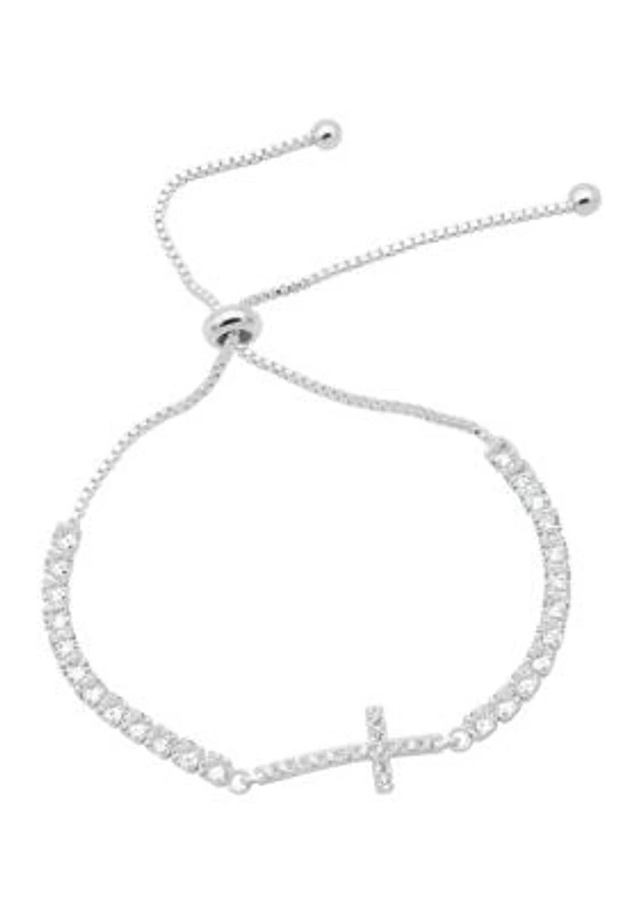 Silver Tone Cubic Zirconia Cross Bracelet 