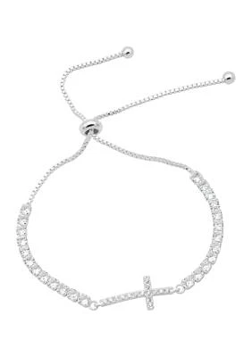 Silver Tone Cubic Zirconia Cross Bracelet 