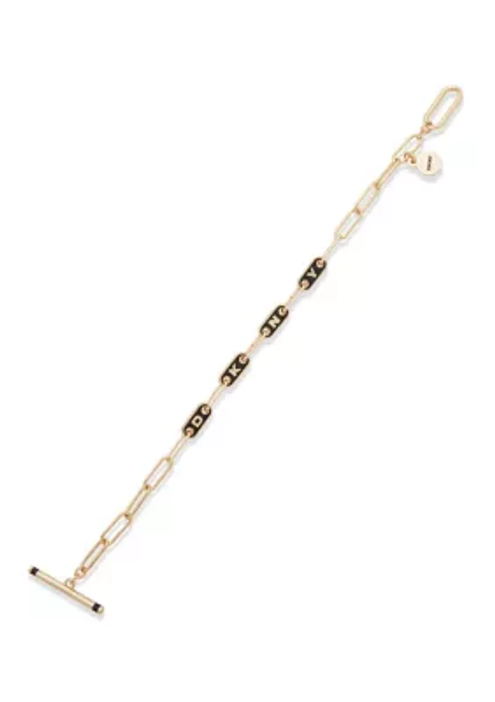 Gold Tone Jet Enamel Logo Chain Flex Bracelet