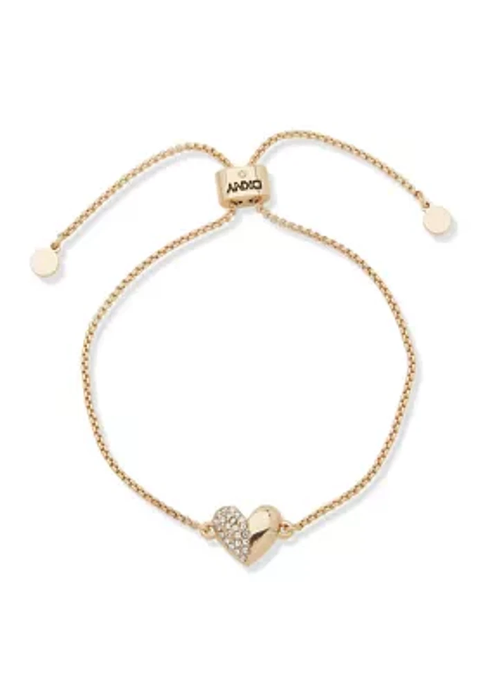 Gold Tone White Crystal Heart Slider Bracelet