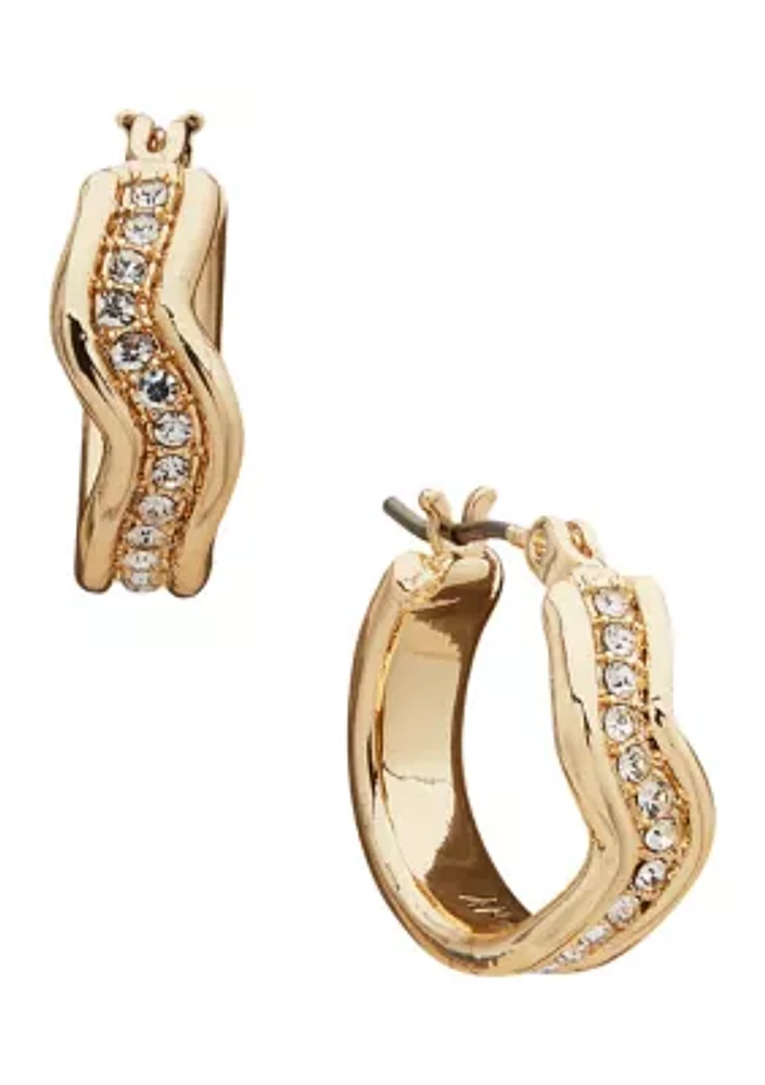 Gold Tone Crystal Wavy Pavé Huggie Earrings