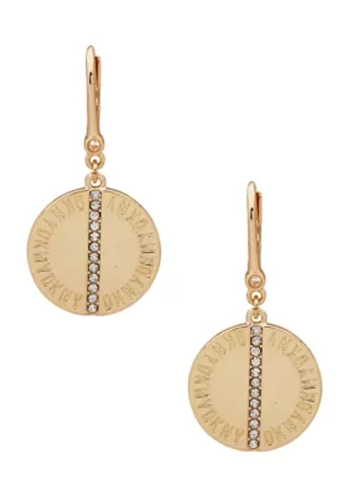 Gold Tone Crystal Logo Disc Drop Earrings