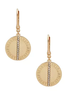 Gold Tone Crystal Logo Disc Drop Earrings