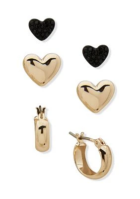 Gold Tone Black Heart and Hoop Trio Earrings