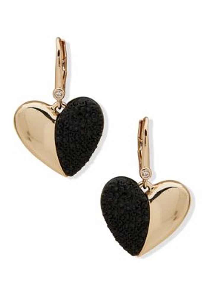 Gold Tone Black Heart Drop Earrings