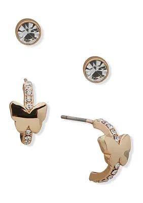 Gold Tone Crystal Pavé Butterfly and Stud Earrings Set