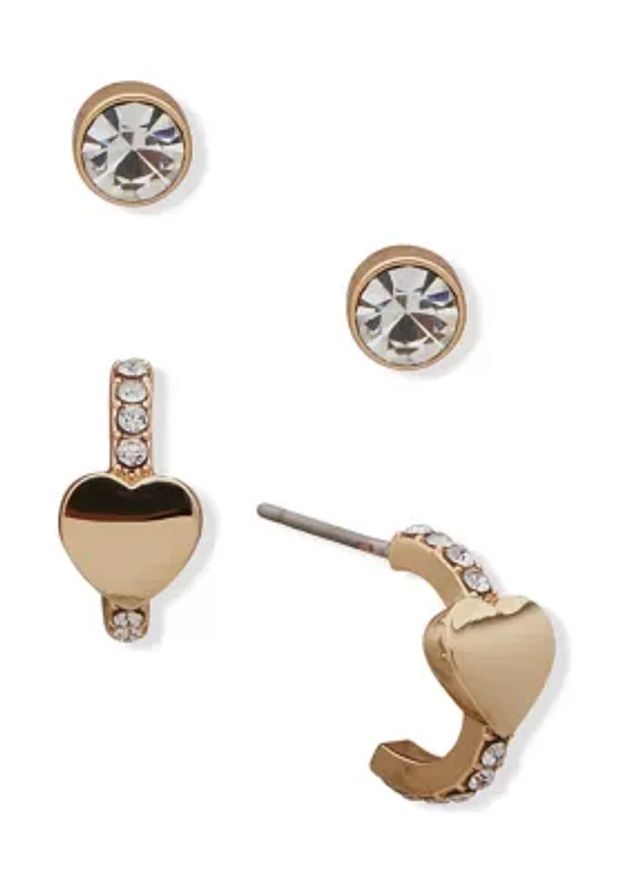 Gold Tone Crystal Pavé Heart and Stud Earrings