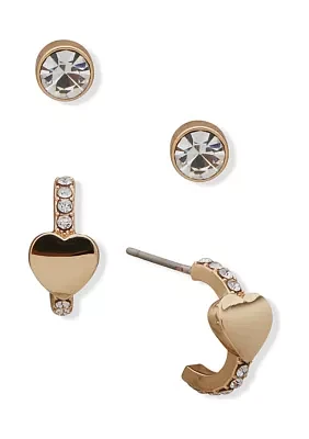 Gold Tone Crystal Pavé Heart and Stud Earrings