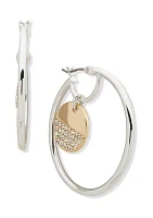 Two Tone 35 Millimeter Crystal Disc Hoop Earrings