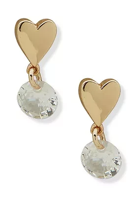 Gold Tone Crystal Heart Drop Earrings