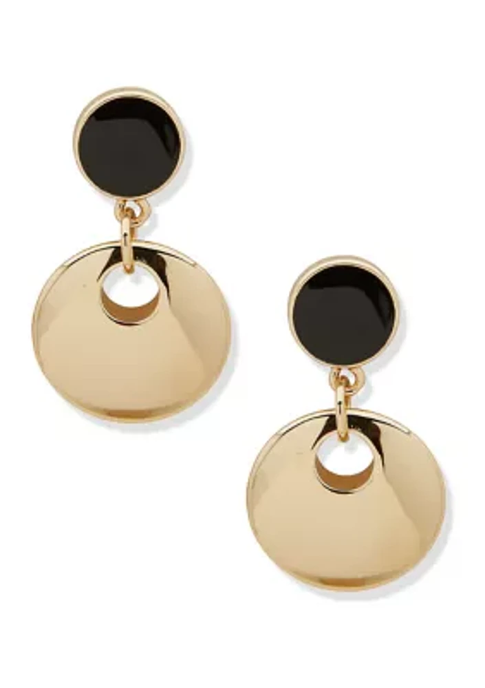 Gold Tone Black Enamel Disc Drop Earrings