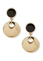 Gold Tone Black Enamel Disc Drop Earrings