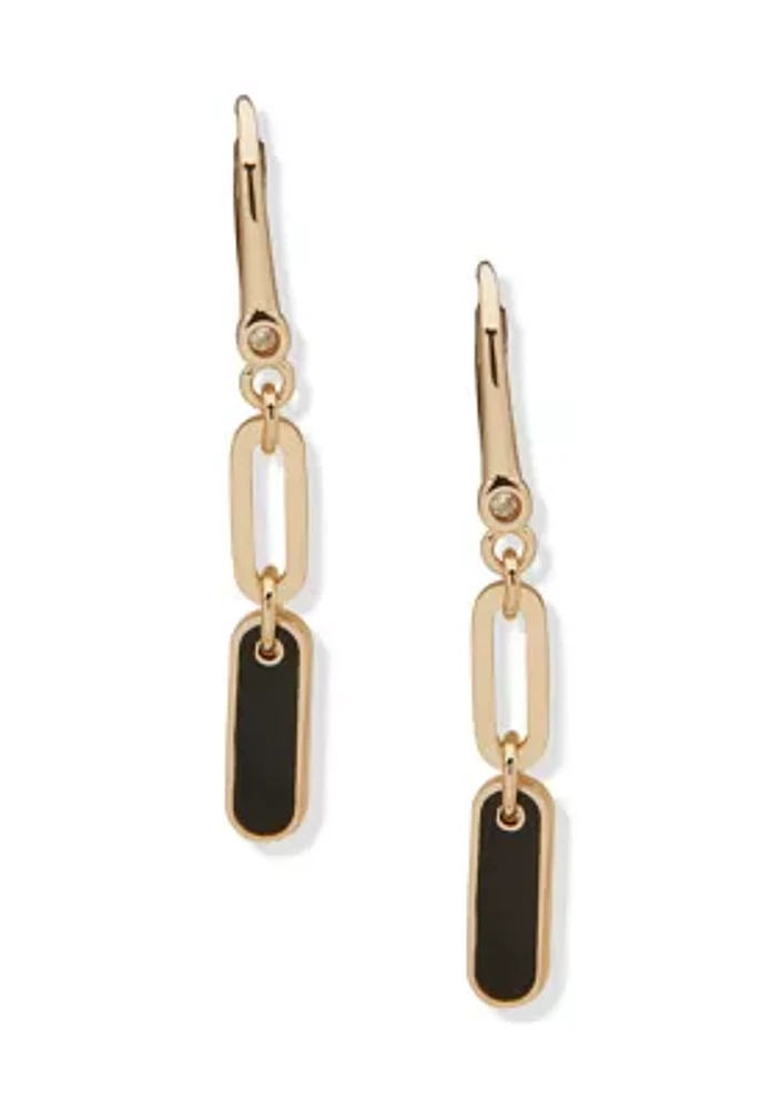 Gold Tone Jet Enamel Link Double Drop Earrings