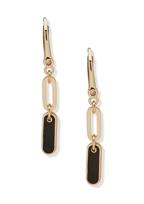 Gold Tone Jet Enamel Link Double Drop Earrings