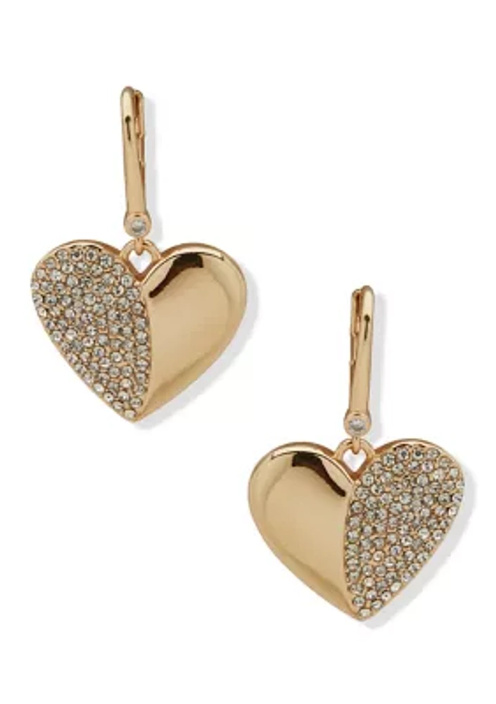 Gold Tone White Crystal Heart Drop Earrings