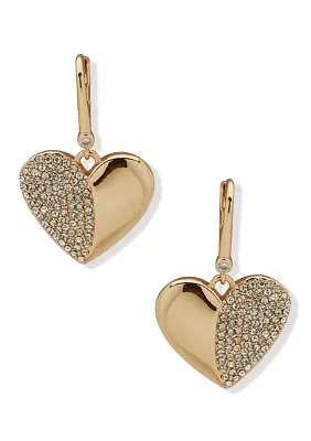 Gold Tone White Crystal Heart Drop Earrings