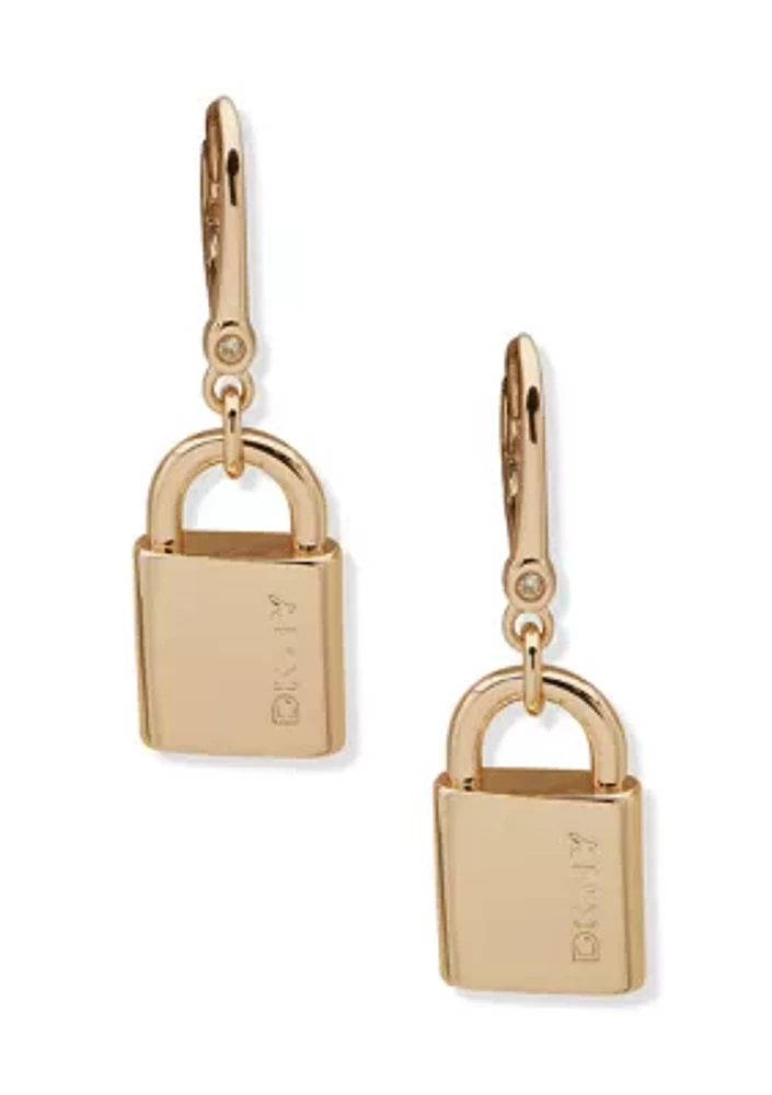 Gold Tone Logo Lock Drop Earrings