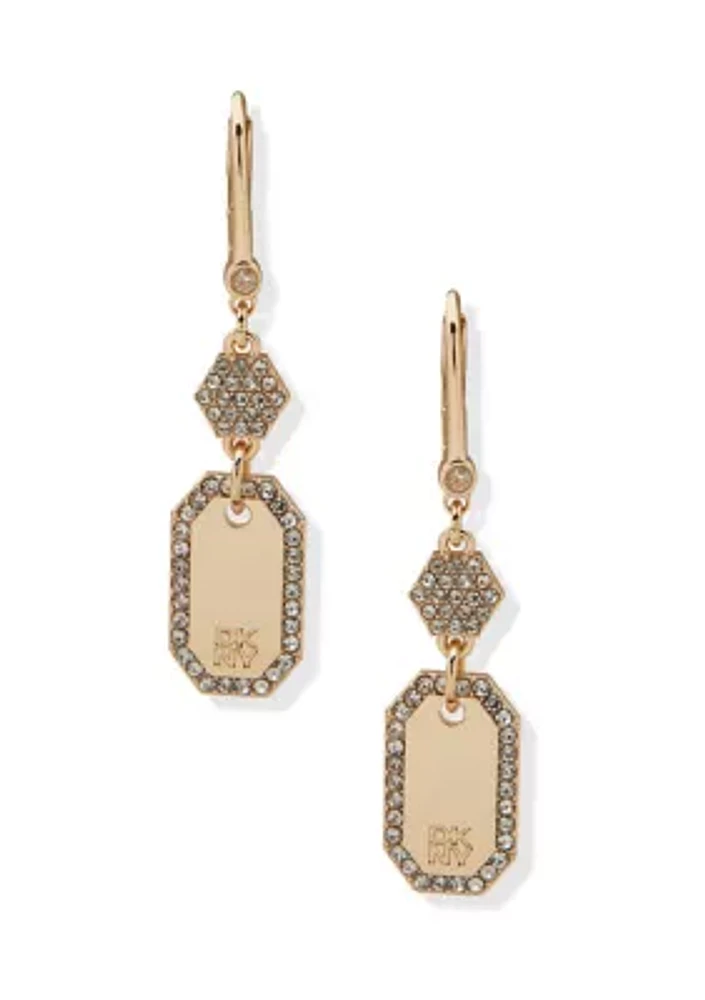 Gold Tone Crystal Logo Pavé Hex Double Drop Earrings