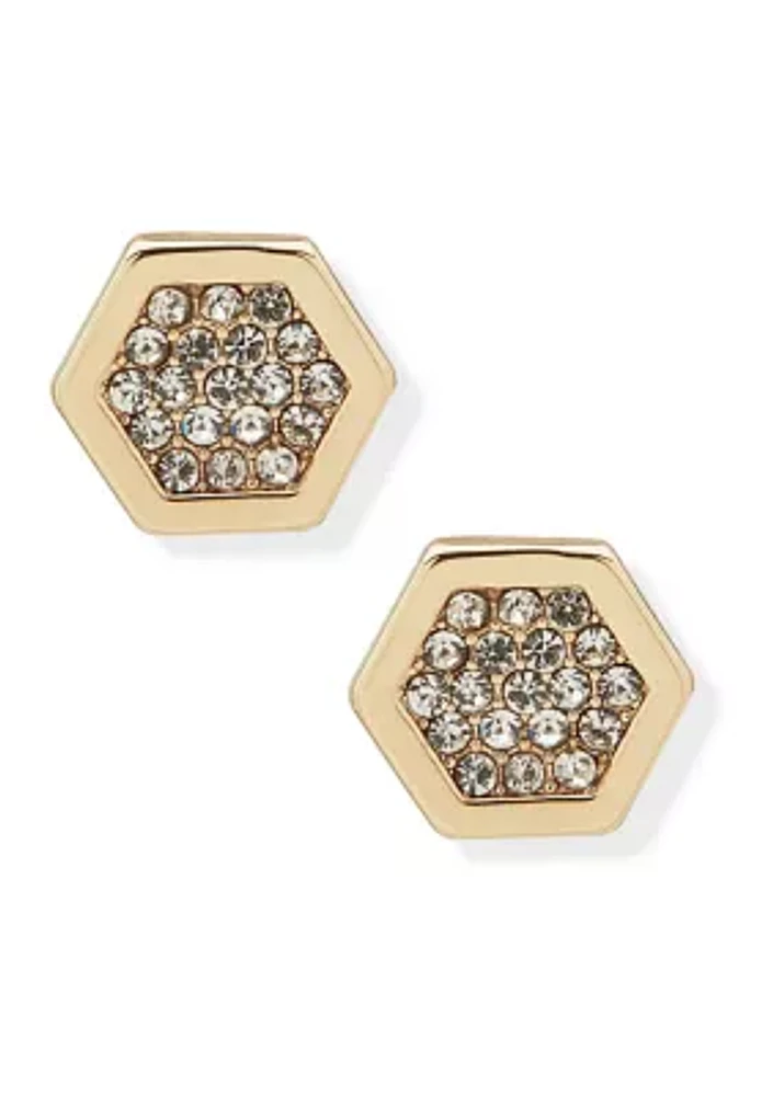 Gold Tone Crystal Pavé Hex Stud Button Earrings