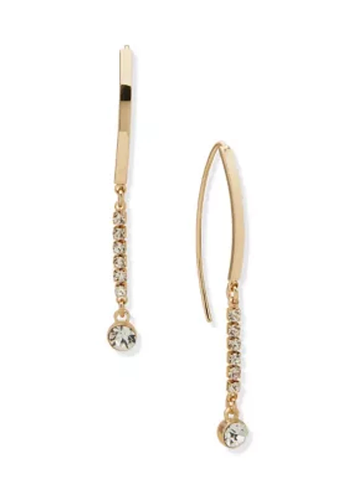 Gold Tone White Crystal Stone Drop Threader Earrings