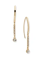 Gold Tone White Crystal Stone Drop Threader Earrings