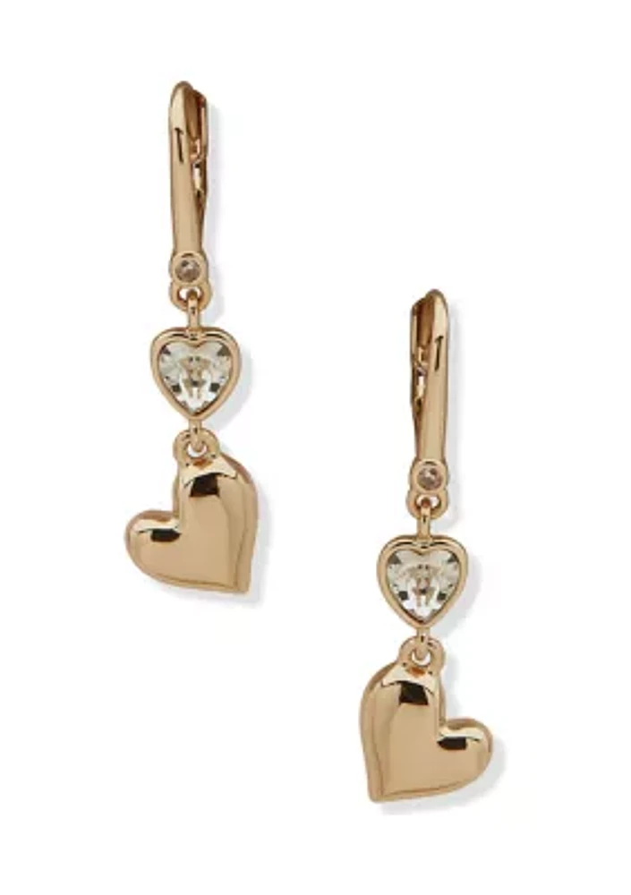 Gold Tone Crystal White Heart Double Drop Earrings