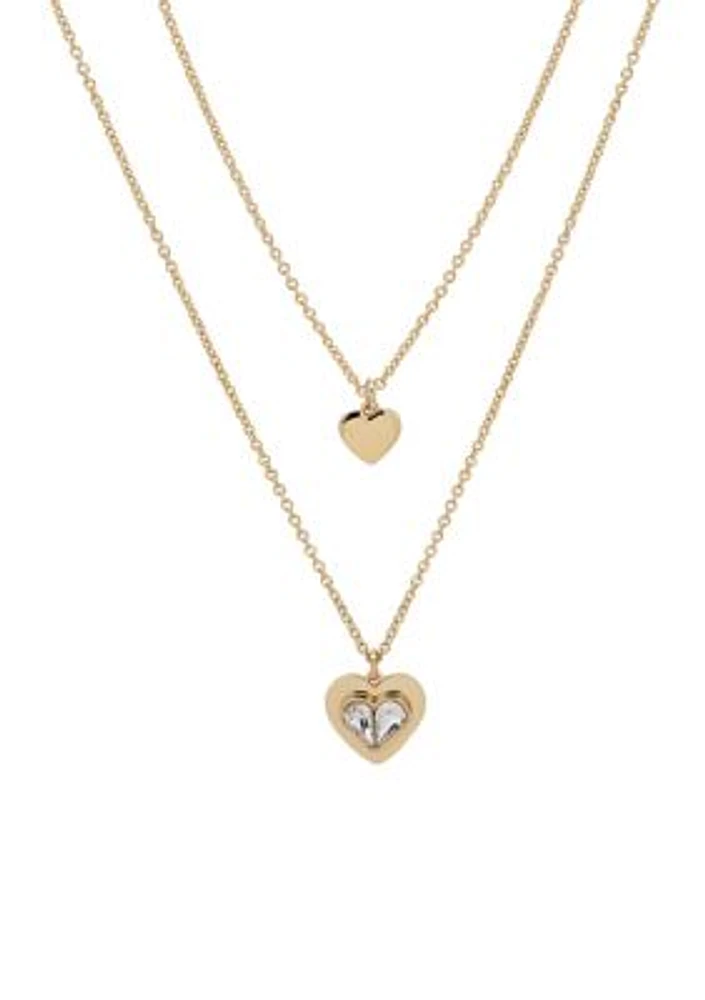 Gold Tone Crystal Multi Row Heart Pendant Necklace