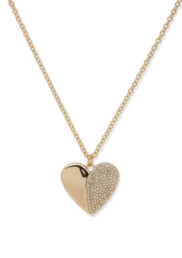 Gold Tone White Crystal Puffy Heart Pendant Necklace