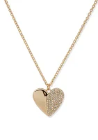 Gold Tone White Crystal Puffy Heart Pendant Necklace