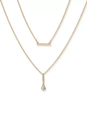 Gold Tone White Crystal 2 Row Pendant Necklace