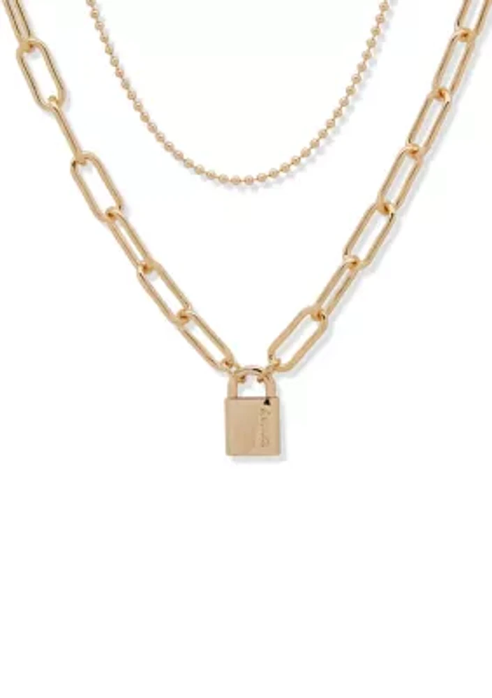 Gold Tone 2 Row Logo Lock Pendant Necklace