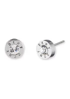 Silver Tone Crystal Logo Stone Earrings