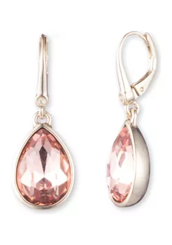 Gold Tone Crystal and Pink Stone Lever Back Drop Earrings