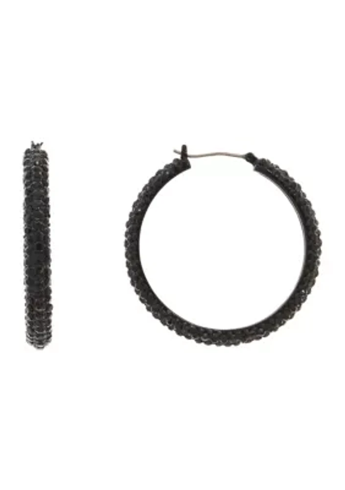 Hematite Tone 40 Millimeter Black Micropave Hoop Earrings