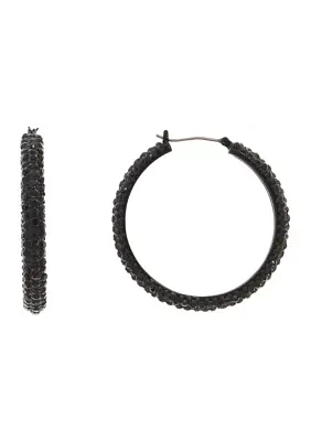 Hematite Tone 40 Millimeter Black Micropave Hoop Earrings