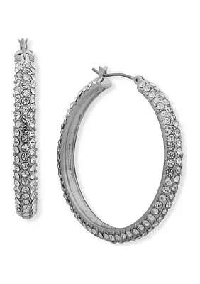 Silver Tone 40 Millimeter Crystal Micropave Hoop Earrings