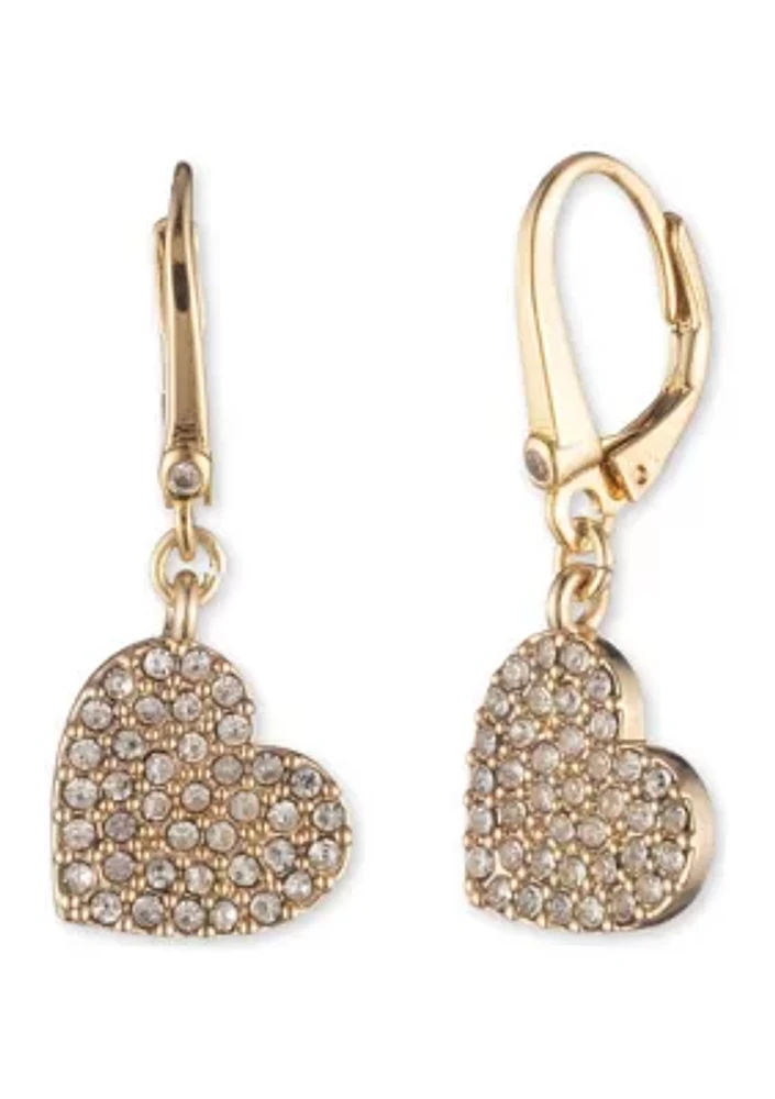 Gold Tone Crystal Heart Lever Back Drop Earrings