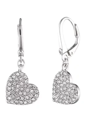 Silver Tone Crystal Heart Lever Back Drop Earrings