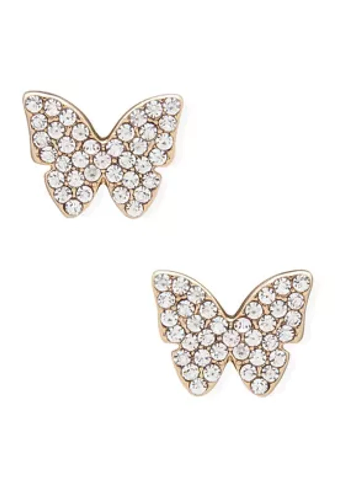 Silver Tone Crystal Pave Butterfly Stud Earrings