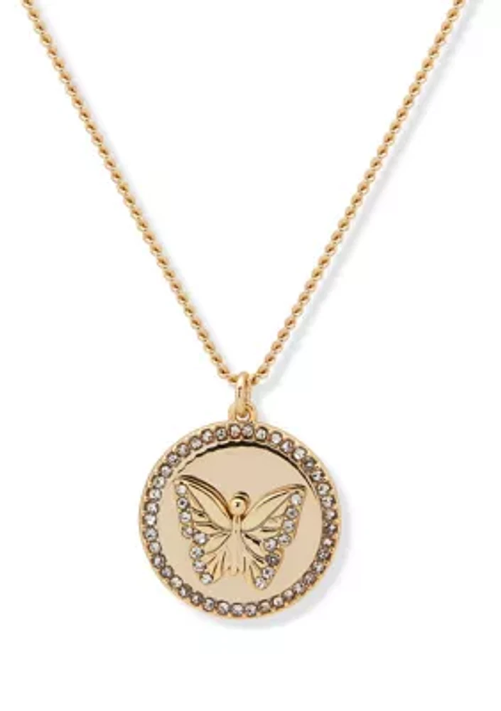 Gold Tone 16" Crystal Pave Butterfly Coin Pendant Necklace