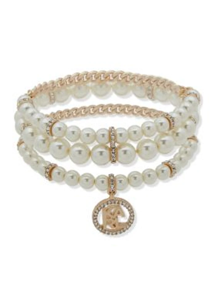 Gold Tone Pearl Stretch Bracelets - Set of 3