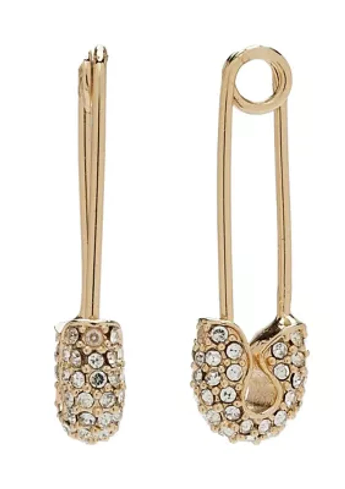 Gold Tone Pavé Safety Pin Earrings