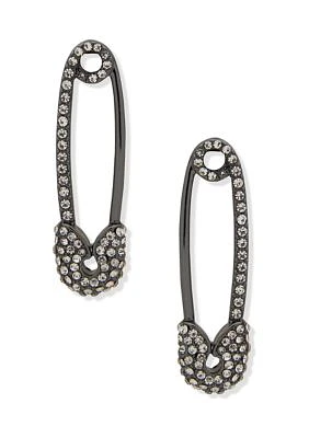 Hematite Tone Crystal Medium Safety Pin Earrings