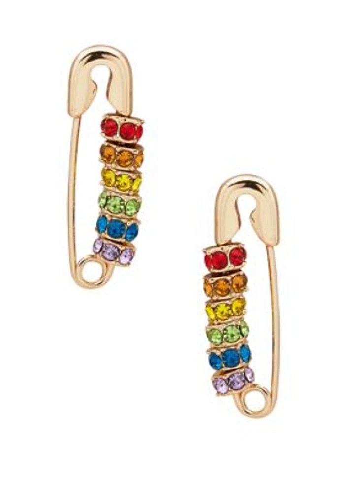 Gold Tone Multicolor Safety Pin Earrings