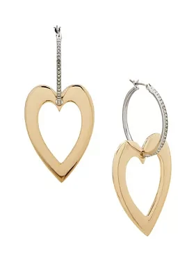 Two Tone 30 Millimeter Crystal Heart Drop Earrings