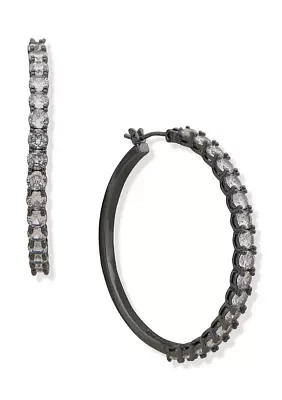 Hematite Tone 35 Millimeter Crystal Stone Hoop Earrings