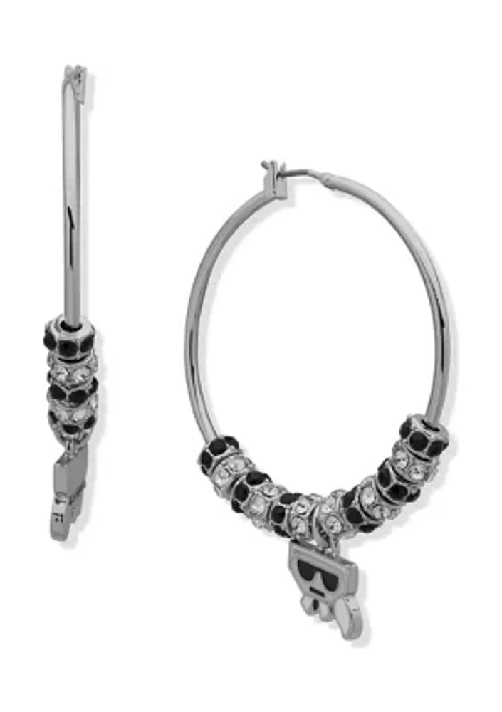 Silver Tone 40 Millimeter Black Charm Hoop Earrings