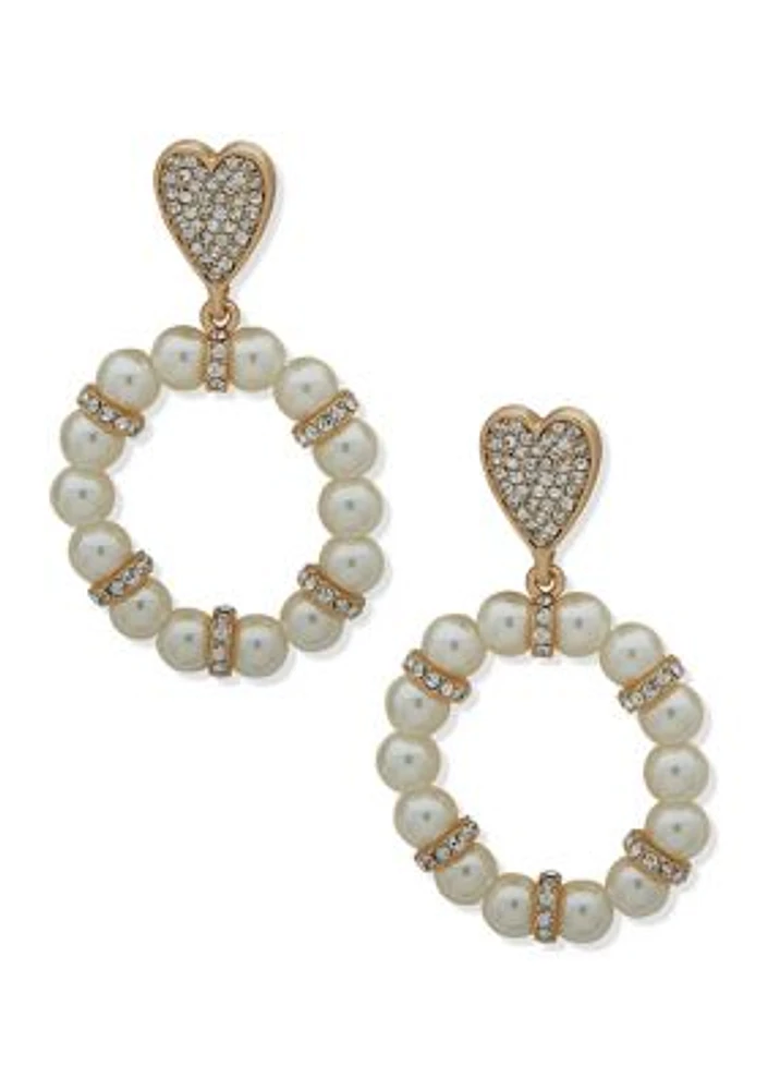 Gold Tone Heart and Pearl Orbital Earrings