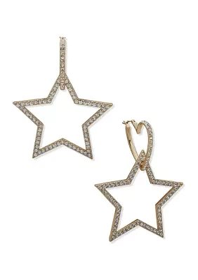 Gold Tone Crystal Heart and Star Hoop Earrings