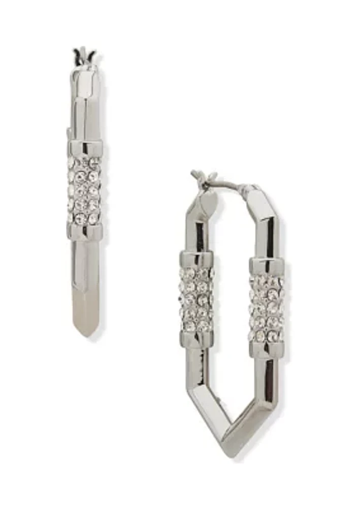 Silver Tone 35 Millimeter Crystal Geo Hoop Earrings